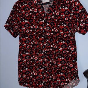 Denim & Flower Button Up Shirt Mens Med Red Floral Short Sleeve Casual Cotton S
